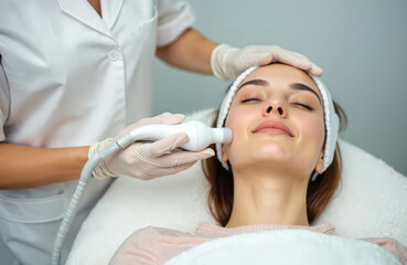 Woman getting facial lifting massage in beauty salon. Female client receives face therapy at wellness center. Pro cosmetologist uses modern face treatment apparatus.