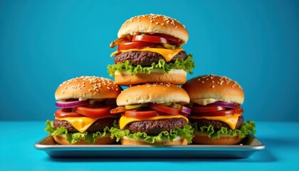 Tray Stack burger on plate on turquoise blue background