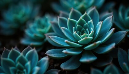 Fototapeta premium Close-up succulent plant with dark moody background. Nature wallpaper, botanical design. Green, turquoise leaves. Home decor, plant shop design, spa, yoga studio, meditation room decor.