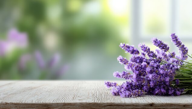 A 4K photo of lavender flowers on a table with a blurred background of a window and nature, a banner for a spa or wellness center with a copy space area for text. Soft. - Powered by Adobe