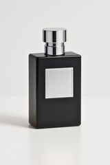 Fototapeta premium Black perfume bottle with silver cap and label on white background