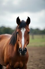 Obraz premium Elegant horse portrait shows brown animal with white stripe on face. Horse head close-up in outdoor. The animal has a dark mane and ears on a blurred background. Beautiful equine.