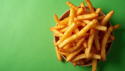 Top view of bucket fries with dipping on aqua background