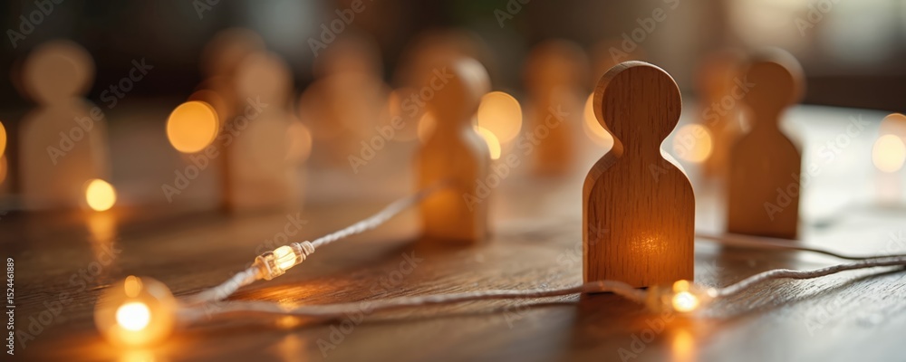 Poster wooden figures interconnected with lights symbolize network human connection teamwork. game pieces c