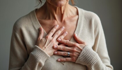 Elderly woman touches chest with hands. Senior lady feels heart pain, showing empathy, care. Expression of concern. Health, wellness, cardiology, medicine, disease, healthcare. Close up.