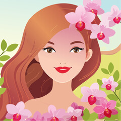 Beautiful Woman with Red Lips and Long Brown Hair Adorned with Pink Orchids Vector Illustration