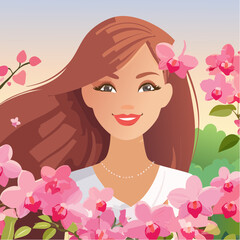 Beautiful Woman with Red Lips and Long Brown Hair Adorned with Pink Orchids Vector Illustration