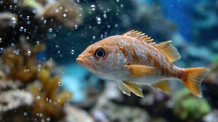 Fototapeta premium A striking single fish swimming gracefully amidst colorful corals and bubbles, illustrating the enchanting beauty of underwater life in a tranquil marine setting.