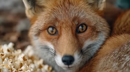 Fototapeta premium An enchanting fox gazes toward a mound of popcorn, featuring vibrant amber eyes and soft fur, creating a warm and inviting atmosphere amid natural surroundings.