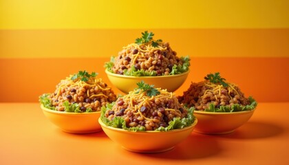 Stacked bowls with rice, beans, and cheese on yellow and orange striped background