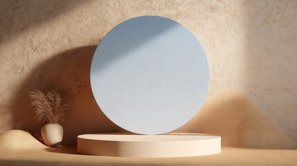 A 4K photo of luxury branding mockup stage with acrylic center disc, pale blue haze and textured warm tan floor for high-end feel.