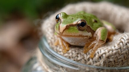 This adorable image features a close-up of a frog nestled comfortably in a cozy glass container, portraying a sense of safety and exploration in a miniature world.