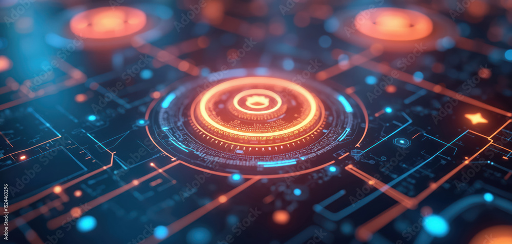 Poster Futuristic illustration shows gears icon on digital display. Concept of business process workflow optimisation, automation digital transformation, robotic process management. High-tech background,