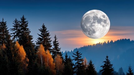 A captivating golden full moon hangs low over a landscape adorned with autumn foliage, imparting a warm glow that evokes feelings of nostalgia and seasonal change in nature.