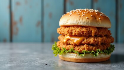 Chicken burger top view on gray and blue striped background