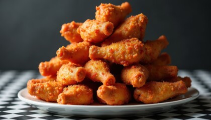 Stack of chicken wings on white plate on gray background