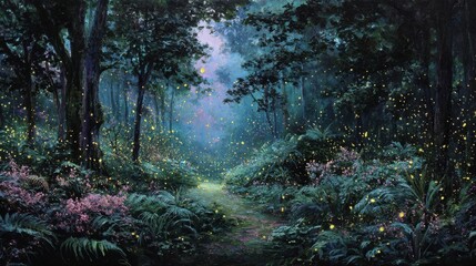 A 4K photo of midsummer Night's Dream Forest Sale - Magical summer sale, enchanting forest, fireflies, mystical dreamscape, summer discounts.