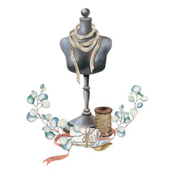 Mannequin bust with eucalyptus branch and sewing supplies. Watercolor illustration in vintage style. For sewing blogs, workshops, masterclasses, showcases, logos and business cards, stickers, labels.