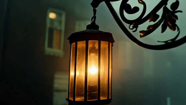 Mystical lantern glow illuminating a foggy cobblestone street at night