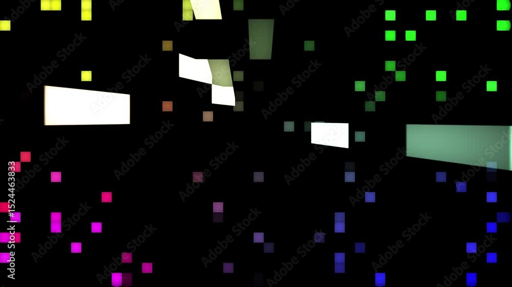 Poster reflecting pixels in gradient pixels. motion. beautiful pixel glow on black background. moving spots