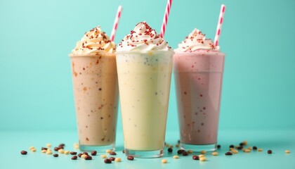 Stack of creamy milkshakes top view with multiple flavors on aqua background