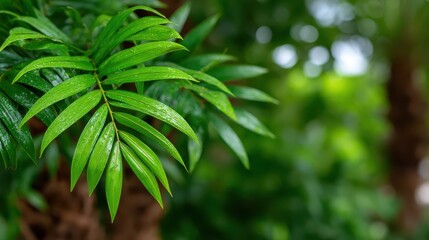 Naklejka premium This close-up image captures vibrant green leaves adorned with glistening raindrops, showcasing the beauty and freshness of nature in a blurred background setting.
