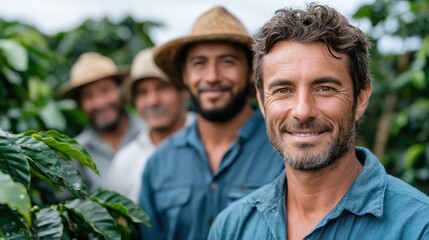 Fototapeta premium Portrait of confident coffee workers showcasing their pride and expertise amidst flourishing coffee plants, highlighting the rich agricultural heritage and community spirit of coffee farming.
