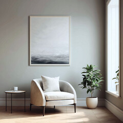 Serene interior featuring armchair, art, plant, and window. Promotes tranquility, minimalism. Ideal for design, real estate, lifestyle visuals. Elegant and calming.