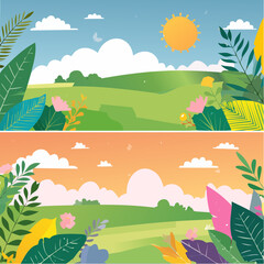 Obraz premium Background Poster Set for Spring Summer Botanical With Abstract Leaves, Flowers and Plants. Colourful Modern Minimalist Art Design Templates