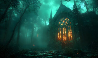 Gothic chapel's stained glass glows amid a dark, misty forest, a chilling scene with moody, ethereal lighting