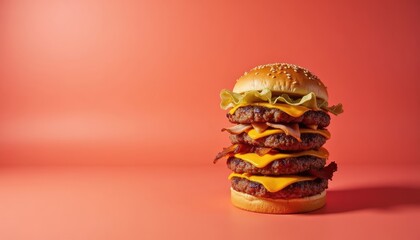 Stack bacon cheeseburgers in top view on coral background