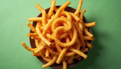 Curly Fries plate in top view on green background