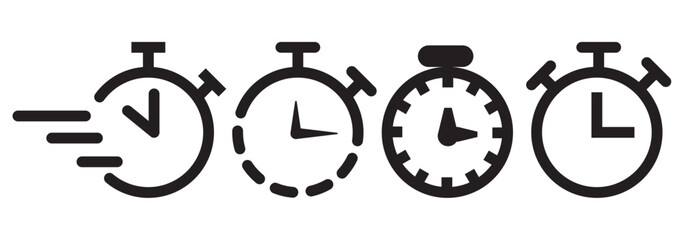 Timer icons set. Quick time or deadline icon. Express service symbol. Countdown timer and stopwatch icons isolated on white. Vector illustration.