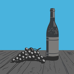Bottle of wine with a bunch of grapes on a wooden table. Harvest concept with alcoholic beverage. Vector art style