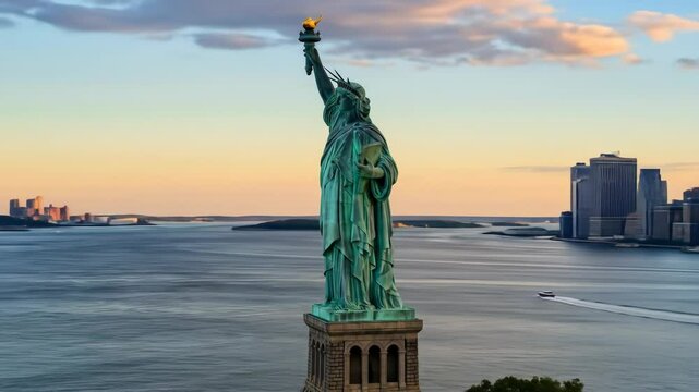 The iconic statue of liberty is prominently displayed against stunning city skyline, with colorful sunset casting warm hues over the water. captivating urban landscape and serene atmosphere