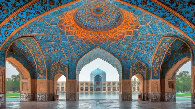 Intricate Blue and Orange Decorated Mosque Courtyard