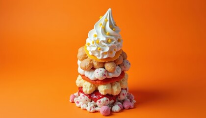Piled-high stack of creamy ice cream sundaes with multiple toppings on an orange background
