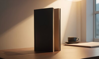 Open Book on Wooden Desk with Coffee Cup in Soft Morning Light