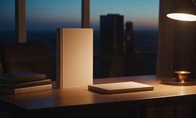 Naklejka premium Nighttime Workspace Serenity, A Modern Desk Scene with Books and City View