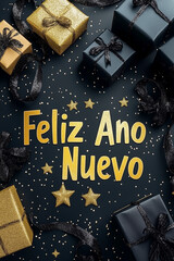 Gold text reading Feliz Ano Nuevo shines among elegant black and gold gift boxes, glittery stars, and festive confetti on a luxurious dark background, evoking a chic and celebratory New Year vibe.
