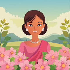 Whimsical Woman with Pink Flowers Illustration