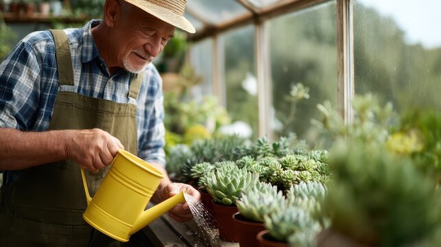 A senior man lovingly waters his succulent collection, illustrating a lifelong passion for plants and the beauty of nurturing indoor greenery.