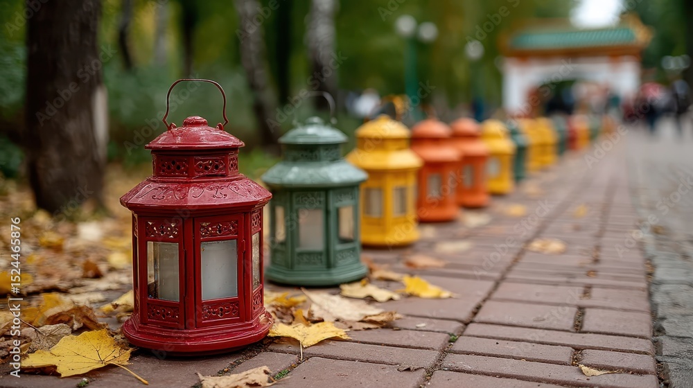 Poster a delightful line of colorful lanterns stretches along a pathway, creating a warm and inviting atmos