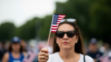 Elderly woman with gray hair is smiling and holding a small American flag, wearing a denim jacket, amidst a lively outdoor event, showcasing a sense of community and national pride in the atmosphere - Powered by Adobe