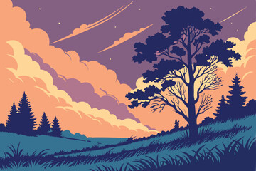 Autumn landscape with trees and sky in retro style, vector illustration