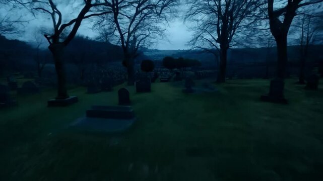 Aerial drone flies around an abandoned graveyard adorned with weathered tombstones. Cold dampness in the air is accompanied by a distant, faint moaning, adding to the eerie atmosphere. Generative AI