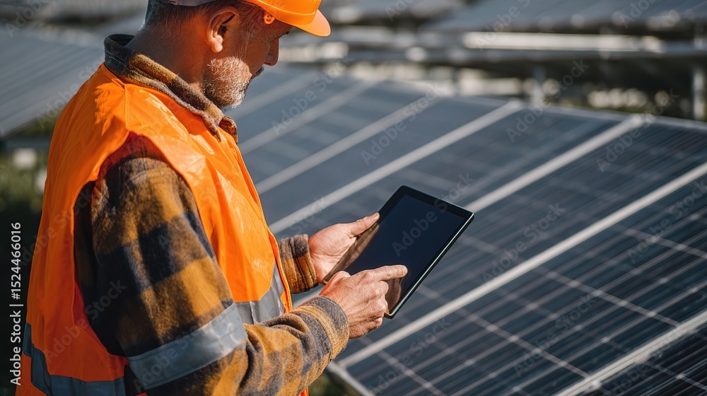 Poster engineer using tablet to monitor solar panel output on site
