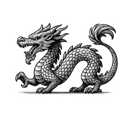 Obraz premium Fantasy Dragon Silhouette in Flight on Dark Background, Strong Mystical Animal Symbolism