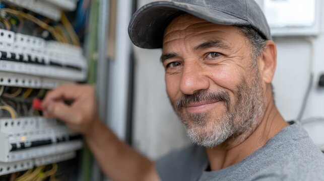 A skilled technician meticulously works on circuit connections, expressing enthusiasm in his craft while ensuring the home’s electrical systems run smoothly and safely.