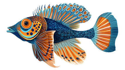 A vibrant, colorful fish with intricate scales and fins, isolated on transparent background